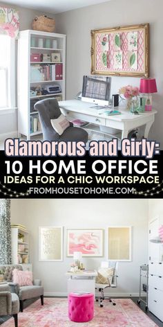 Glamorous and girly: 10 home office ideas for a chic workspace Office Pink Decor, Navy Pink And Gold Office Decor, Cute Girly Office Ideas, Pink And White Office Ideas, At Home Office Set Up, Feminine Decor Ideas, Glam Craft Room, Girlie Office Ideas Work Spaces, Pink And Green Home Office