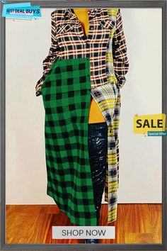 Patchwork Plaid Print Casual Maxi Dress Patchwork Dress For Office In Fall, Fall Office Dress With Patchwork, Green Long Sleeve Shift Midi Dress, Patchwork Shift Midi Dress, Patchwork Shift Dress For Work, Long Sleeve Patchwork Office Dress, Long Sleeve Patchwork Dresses For Office, Plaid Patchwork Dress For Fall, Plaid Long Sleeve Midi Dress For Work