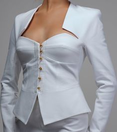 Unique Blazers Women Fashion, Jacket Sleeves Design, Fashion Necklines, Unique Neckline Designs, Elegant Tops Classy, Unique Tops For Women, Unique Sleeves Design, White Designer Dress, Unique Top Designs