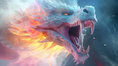 a close up of a dragon with its mouth open and fire coming out of it