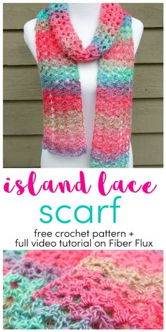 a crocheted scarf is shown with text that reads, asland lace scarf