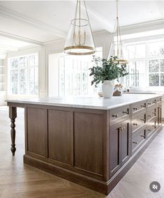 Dark wood kitchen island Plaster Hood Fan, Plaster Hood, Dream Kitchen Design, Double Island Kitchen, Marble Counters, Hood Fan, Dark Wood Kitchens, Maple Kitchen