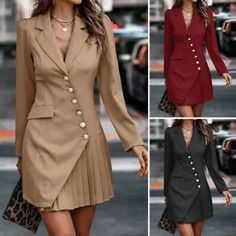 Womens Long Sleeve Lapel V Neck Blazer Dress Ladies OL Work Pleated Mini Dresses - Dress Long Sleeve Business Dress With Pockets, Business Dresses With Pockets For Fall, Fall Business Dresses With Pockets, Long Sleeve Pleated Business Dress, Fall Semi-formal Mini Dress With Buttons, Formal V-neck Mini Dress With Pockets, Semi-formal Mini Dress With Lapel Collar For Fall, Fall Office Mini Dress With Pleats, Fall Dresses With Buttons And Lapel Collar