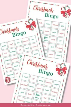 two christmas games with bows on them and the words christmas bingo written in red ink