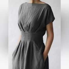 Dresses | Beautiful Cotton Linen Dress With Pockets And Tie | Poshmark Black Linen Dress, Cotton Linen Dresses, Linen Shirt Dress, Column Dress, Dress Dusty, Grey Dress, Linen Maxi Dress, Tailored Dress, White Shirt Dress