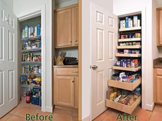 before and after pictures of a kitchen pantry with the door open to reveal its contents