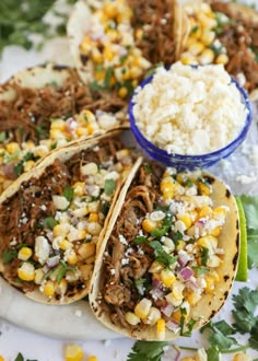 shredded meat tacos with corn, cilantro and rice on a white plate