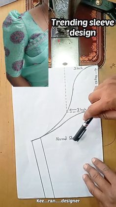 a woman is cutting out a pattern for a dress on a piece of paper with the words trending sleeve design