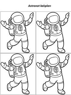 an astronaut kalplarn coloring page with four different poses to be colored in