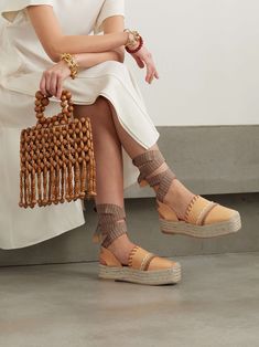 Leather Espadrilles With Stitched Sole And Round Toe, Beige Leather Espadrilles With Woven Sole, Beige Woven Leather Espadrilles For Spring, Spring Beige Woven Leather Espadrilles, Casual Beige Espadrilles With Woven Leather, Casual Beige Woven Leather Espadrilles, Casual Leather Espadrilles With Woven Detail, Casual Woven Leather Espadrilles With Round Toe, Leather Woven Leather Espadrilles