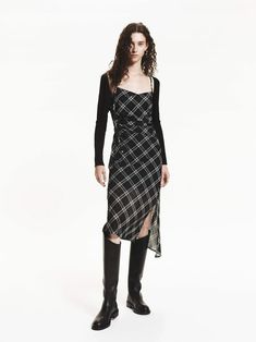 MO&Co. Women's Plaid Pattern Cami Dress Chic Plaid Midi Dress For Work, Plaid Midi Dress For Fall Workwear, Plaid Fitted Knee-length Midi Dress, Fitted Plaid Midi Dress, Fitted Plaid Knee-length Dress For Daywear, Fitted Plaid Midi Dress For Daywear, Knee-length Plaid Dress For Daywear, Fitted Knee-length Plaid Dress For Daywear, Chic Plaid Midi Dress For Fall