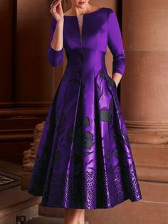 An exclusive offer for you——Affordable prices at Stylewe store, SPU: 11HDRCC6961, Color: Purple, Sleeve Length:Three Quarter Sleeve, Neckline:Notched. Fitted A-line Dress With Splicing Details, Fitted A-line Dress With Splicing, Spring Formal Patchwork Dresses, Long Sleeve Purple Patchwork Dress, Purple Long Sleeve Patchwork Dress, Purple A-line Midi Dress For Fall, Pocket Stitching, Stitching Dresses, Pocket Dress