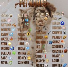 a poster with the names of pet names