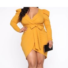 Reposhing This Item I Purchased From @Glamour_resell. Loved It, But Ready To Rotate For Something New. Questions? Leave A Comment Below! Mustard Fashion, Wrap Dress Long Sleeve, Wrap Dress Long, Elegant Mini Dress, Dresses Fashion Nova, Tulip Skirt, Polyester Dress, Curve Dresses, Long Sleeve Midi Dress