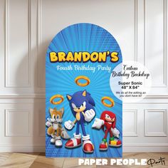 sonic the hedgehog personalized birthday party sign with photo and text on blue background