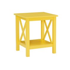 a yellow side table with one shelf on the bottom and one drawer on the top