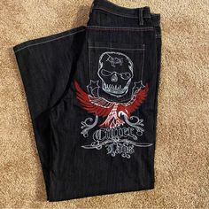 Nwot Skull & Eagle Embroidered Street Wear Wide Leg Denim Jeans Size 34 Star Embroidered Jeans Men, Mens Street Wear, Baggy Ed Hardy Jeans, Y2k Skull, Y2k Skull Print Streetwear T-shirt, Skull Baggy Jeans, Black Skull Jeans, Wide Leg Denim Jeans, Affliction Clothing