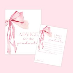 two cards with pink bows and the words advice for the graduate