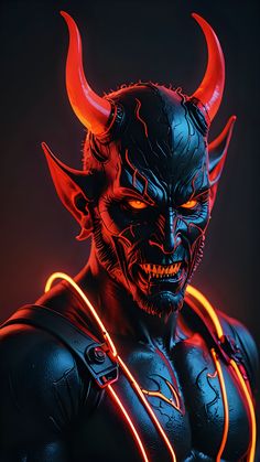 a demonic looking man with horns and glowing eyes