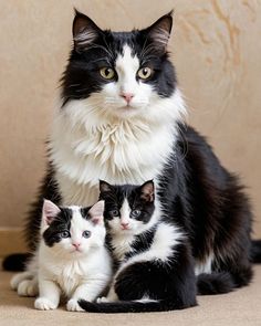 two black and white cats sitting next to each other on the floor in front of a beige wall