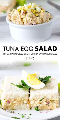 tuna egg salad with an egg in the middle and another side dish that is on a white plate