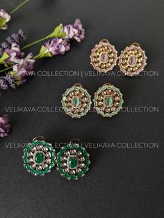 Beautiful gold plated kundan studs with imitation polki and American Diamond stones. Available in mint, pink and green center stones. Perfect for a night out, parties and weddings. Length - 2.5 cm  Width - 2.5 cm ----------- CARE ----------- - Store in air tight zip lock bags - Do not expose to moisture/water - Do not spray chemicals or perfumes on the jewelry Please feel free to contact us if you have any questions. * We sell high quality imitation jewelry only. All measurements are approximate. Please note that all sales are final. Thank you Kundan Studs, Jewelry Pakistani, American Diamond Jewellery, Gold Diamond Studs, Asian Jewelry, Indian Jewellery Design, Bollywood Jewelry, Pakistani Jewelry, Indian Wedding Jewelry