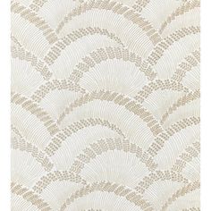 a white and gold wallpaper pattern with wavy, fan shaped design on the side