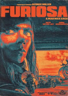 the movie poster for furiosa, featuring a woman with long hair and an orange background