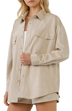 Supple faux suede softens an endlessly wearable shirt-jacket rendered in a muted hue. 90% polyester, 10% spandex Hand wash, dry flat Imported Chic Beige Shacket With Lapel Collar, Chic Beige Shacket For Fall, Chic Beige Shacket, Rose Clothing, Brown Top, Shirts Blouses, Free Shirts, Oversized Shirt, Shirt Jacket