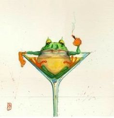 a painting of a frog sitting on top of a martini glass in front of a white wall