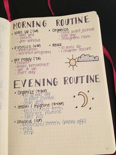 an open notebook with writing on it and the words morning routine written in different languages