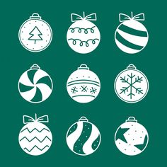 twelve christmas ornaments in white on a green background