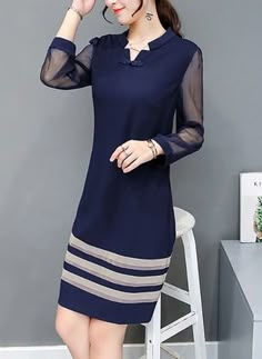 Vestidos Elegante Reto Acima do Joelho de Poliéster Manga comprida Sheer Sleeves, Classy Dress, Shirt Collar, Moda Fashion, Dress Patterns, Blue Dress, I Dress, Women's Fashion Dresses, A Line Dress