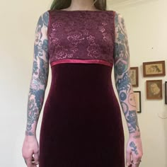 The brand is My Michelle. Made in USA. Tagged a size medium but fits more like a size small imo. Has a good amount of stretch. Top portion is a crochet brocade esq sparkly material and skirt portion is a stretchy velvet. Material tag was cut out by a previous owner but this is like nylon, poly and spandex. No major flaws to note that I noticed. No closures/slips on over head. Seen on a size small, 5'5"1/2, 33" bust, 26" waist & 38" hip. Measurements taken flat then stretched taut.  Chest: 15.5" flat up to 20" (31"-40") Empire waist: 14" flat up to 15" (28"-30") Hips: 18" flat up to 25" (36"-50") Length: 56" Fitted Burgundy Dress For Prom Season, Fitted Floor-length Burgundy Dress, Purple Fitted Lace Dress, Purple Velvet Fitted Dress, Fitted Purple Velvet Dress, Fitted Velvet Dress For Prom Season, Fitted Lace Burgundy Dress, Fitted Purple Holiday Dress, Fitted Velvet Vintage Dress