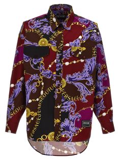 100% cotton | Versace Jeans Couture Men's Baroque Print Shirt | FW23/24 Luxury Long Sleeve Shirt With Graphic Print, Luxury Long Sleeve Multicolor Shirt, Designer Workwear Shirt With Graphic Print, Designer Multicolor Fall Shirt, Luxury Cotton Long Sleeve Blouse, Luxury Long Sleeve Cotton Blouse, Luxury Spread Collar Shirt For Fall, Baroque Print, Cotton Poplin Shirt