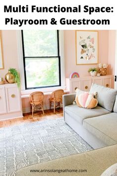 a living room with pink walls and furniture in the background text overlay reads, multi functional space playroom & guest room