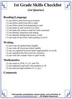 the first grade skills checklist is shown in blue and white, with text on it