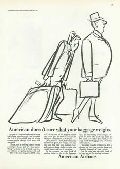 an old advertisement for american airlines shows a man with suitcases and another man in top hat