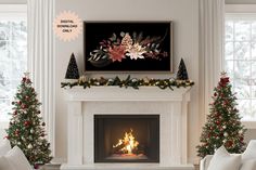 a living room decorated for christmas with white furniture and holiday decorations on the mantel