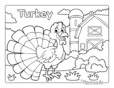 a coloring page with a turkey in front of a farm