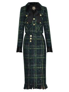 Angeline Winter Plaid Tweed Skirts Suit Women's Bow Beading Long Sleeve Jacket Tassel Skirt 2 Pieces Set Tweed Suit Women, Tweed Skirts, Tweed Skirt Suit, Tweed Blazer Women, Tweed Set, Tassel Skirt, Blazer And Skirt Set, Winter Plaid, Long Sleeve Jacket