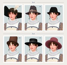 four different hats are shown with the same woman's head and neck, all in different colors