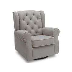 a gray chair with buttons on the armrests and a buttoned up back