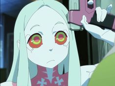 an anime character with red eyes holding a camera