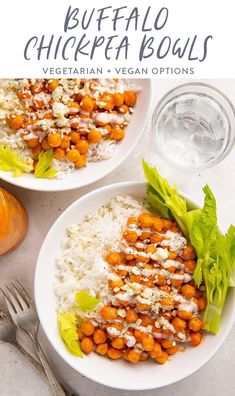 two white bowls filled with vegetables and rice on top of a table next to silverware