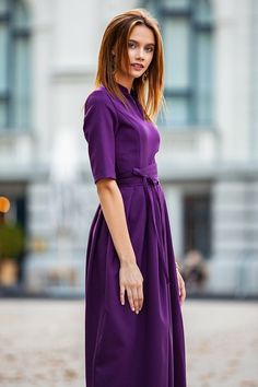 "Classic dark purple maxi dress with pleats ➤ Features > dress lenght: 150 cm / 59,05\" > mid sleeves > v neckline > pleats in skirt part > waistband ➤ Sizing My Size Guide in FAQ section below will help you define the perfect size match. The item can also be made according to your measurements - just message them to me. ➤ Delivery Your item is made-to-order and will be ready within 2-7 days. Average delivery times: > North America: up to 1-2 weeks > New Zealand, Australia: Purple Pleated A-line Dress, Purple Pleated Maxi Dress, Elegant A-line Purple Maxi Dress, Fitted Purple A-line Maxi Dress, Fitted Purple Pleated Maxi Dress, Purple Pleated Dress With Short Sleeves, Purple A-line Pleated Dress, Fitted Purple Pleated Midi Dress, Purple Dress Plus Size