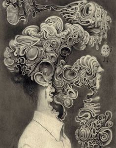 an image of a woman's head with hair blowing in the wind on her face