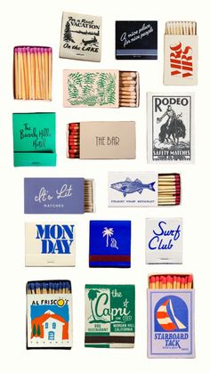 many different types of matches are arranged on a white background