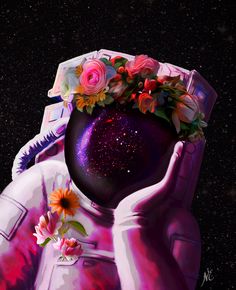 a painting of an astronaut with flowers on his head and hands in front of him