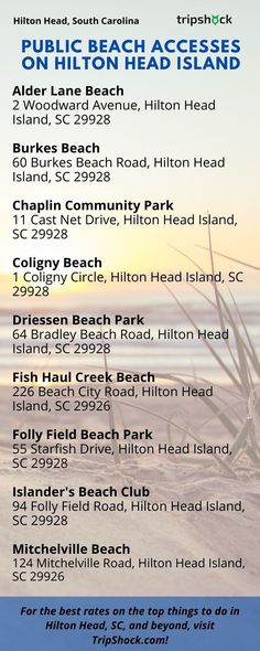 an advertisement for the public beach access on hilton head island, which includes information about the area